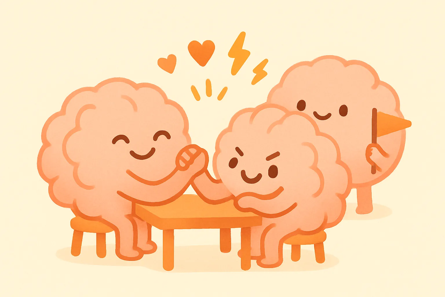 Two brain characters playfully arm-wrestling while a referee brain character watches