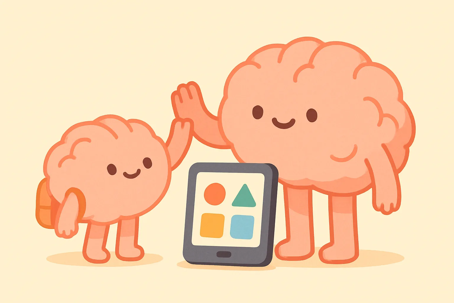 A kid brain character with a backpack high-fiving a parent brain character
