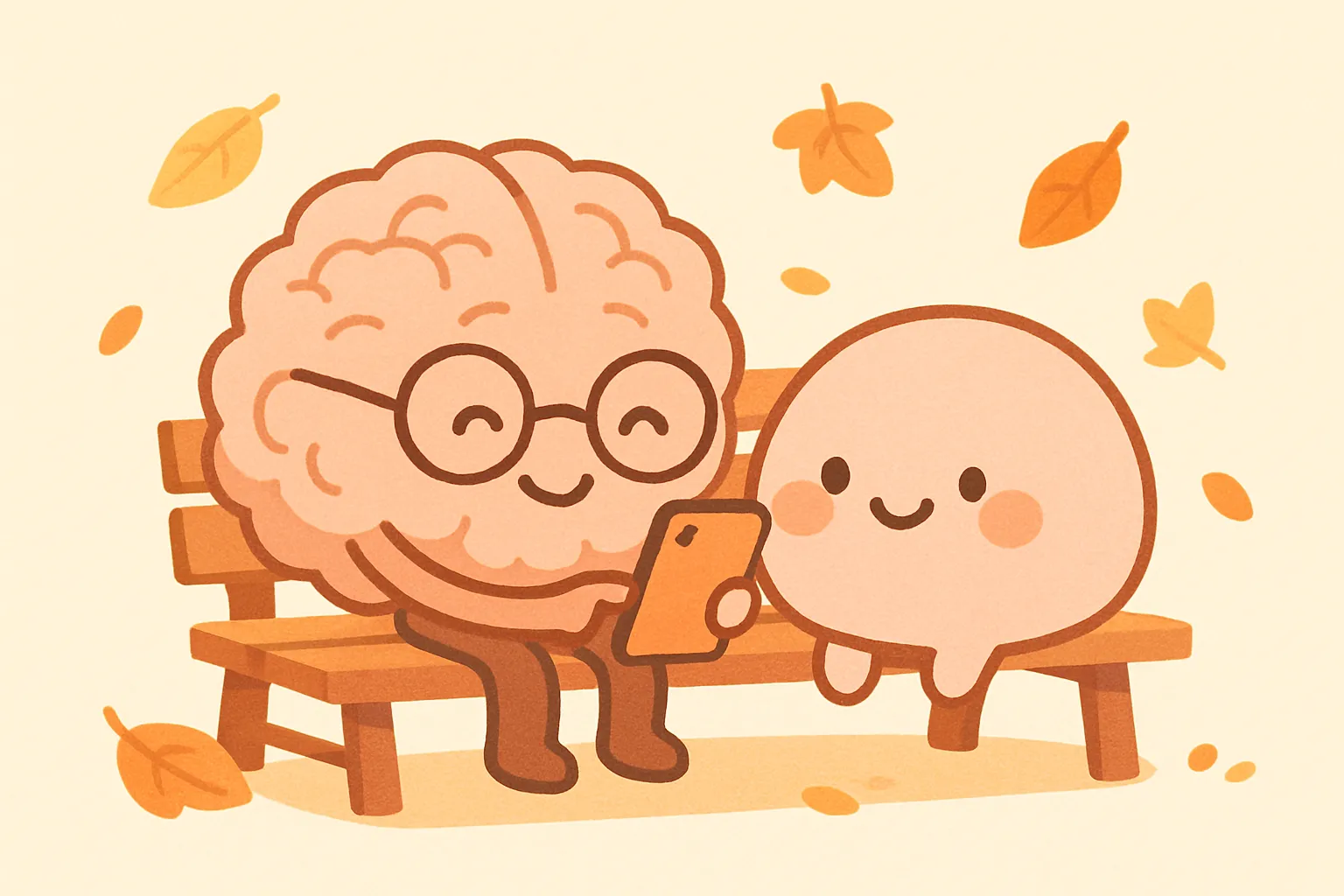 An elderly brain character with glasses on a park bench, smiling at a phone with a younger brain character