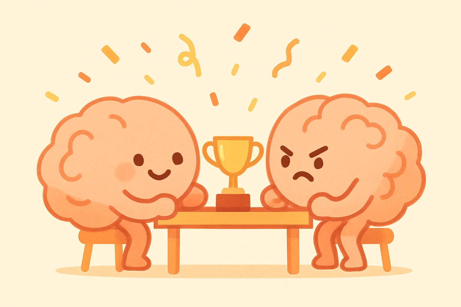 Two brain characters facing off over a trophy