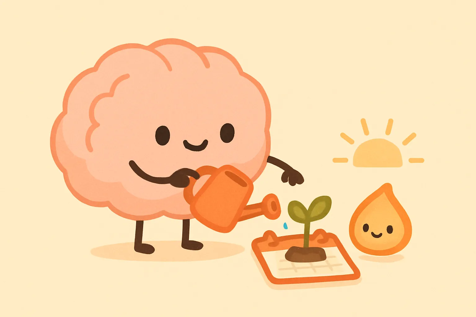 Brain character watering a plant growing from a calendar