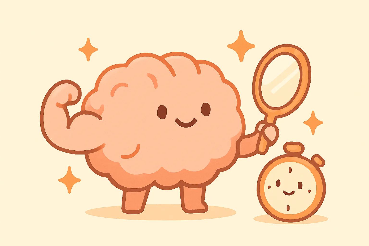 Cute pink brain character flexing proudly next to a stopwatch