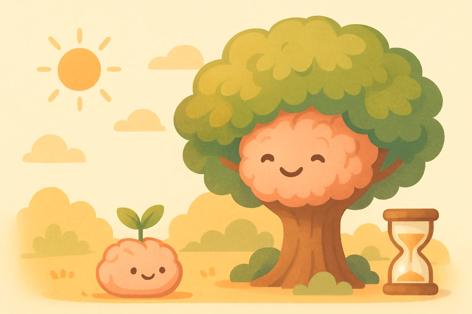 A small brain sprout beside a wise, leafy brain tree with an hourglass in a sunny park