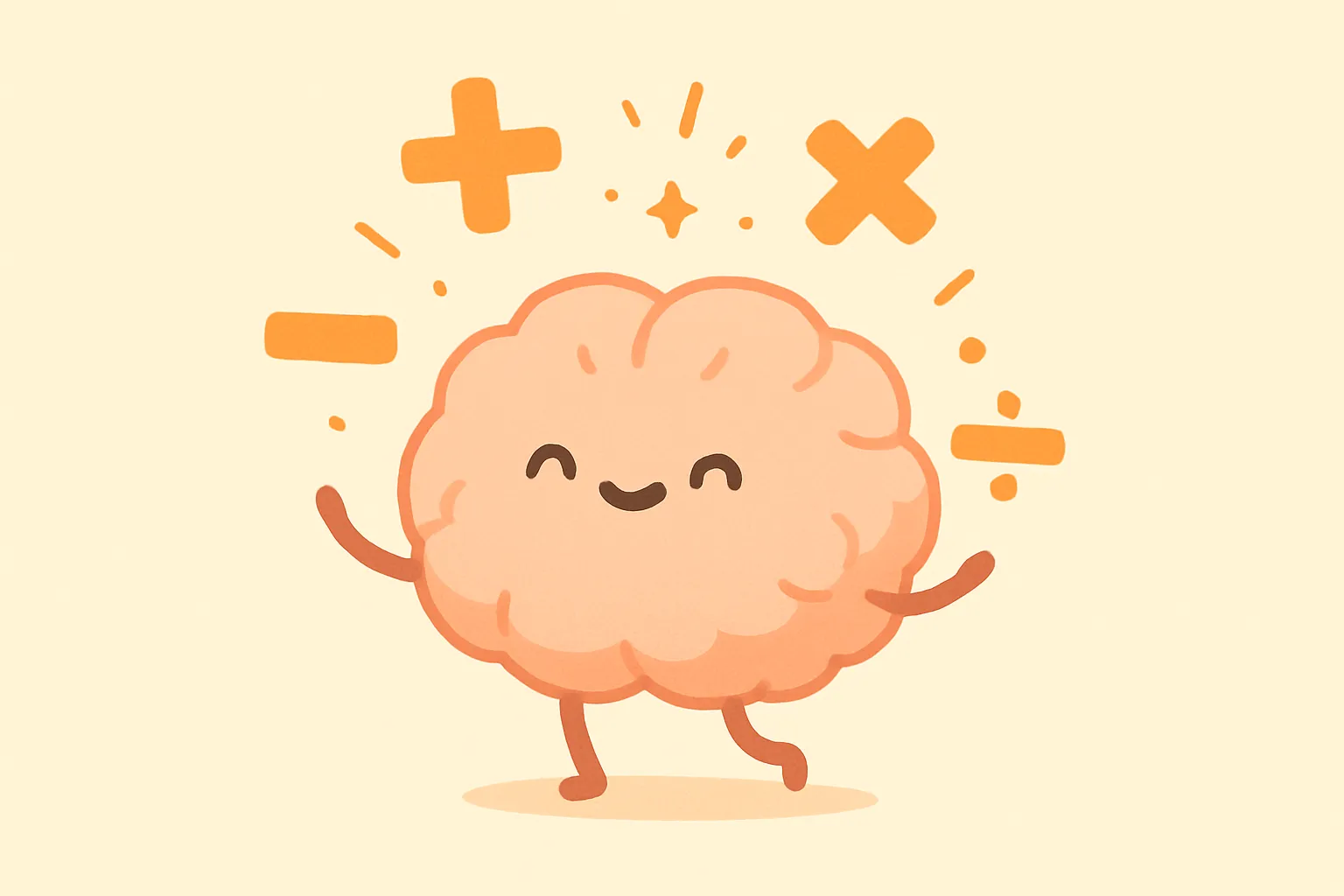 Happy brain character juggling plus, minus, multiply and divide symbols