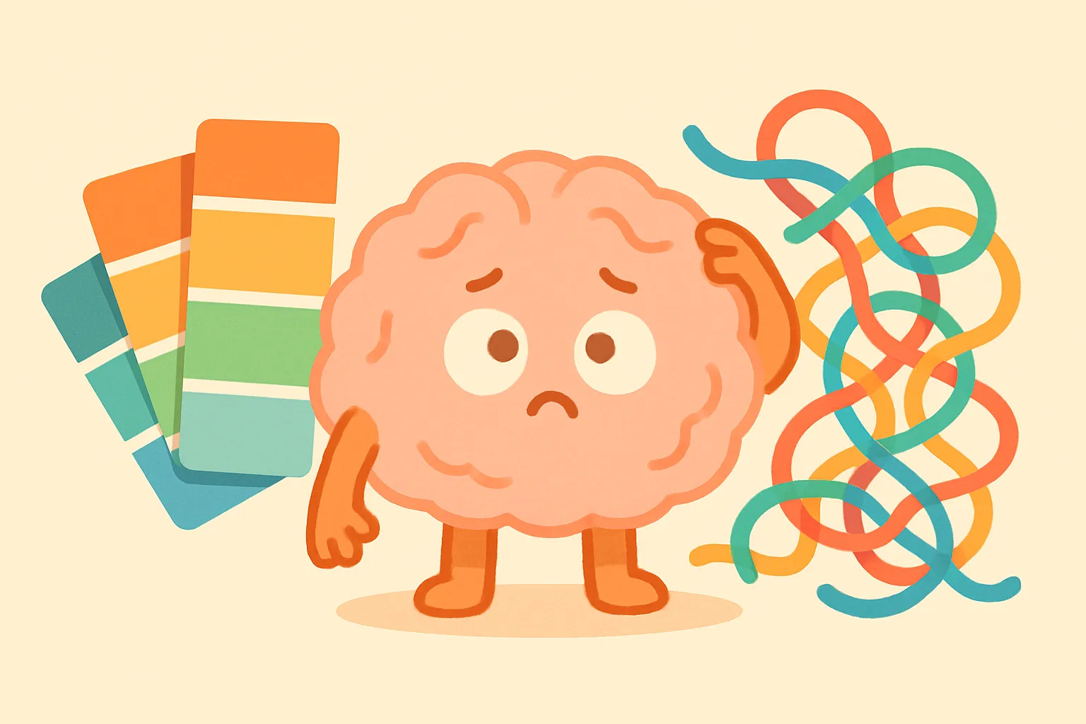 Confused brain character surrounded by colorful paint swatches