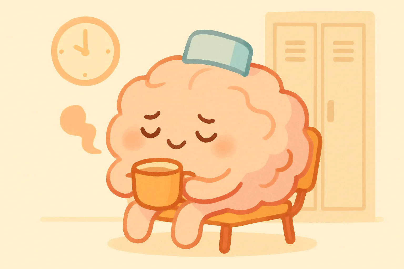 A tired but smiling brain character in a nurse cap taking a peaceful tea break in a break room